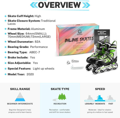 Inline Skates for Girls Boys Kids, Adjustable Skates Outdoor Blades Inline Roller Skates for Children Teens Women with Light up Wheels for Indoor Outdoor Backyard Skating