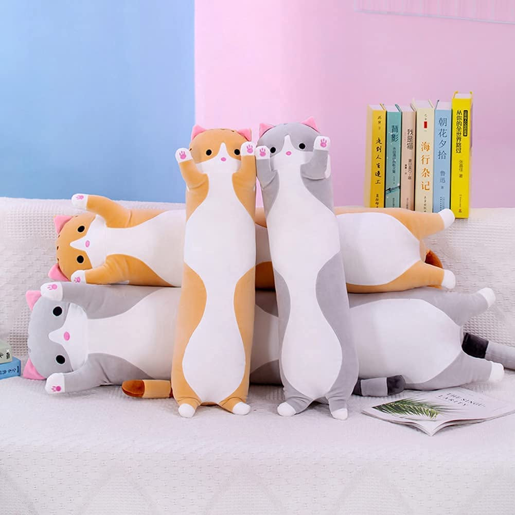 Cute Cat Plush Long Body Pillow Cuddle Cartoon Stuffed Animals Cat Plushie Soft Doll Pillows Gifts for Kids Girls (Orange, 19")